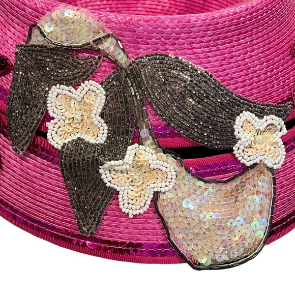 Deborah New York Pink Wide Brim Hat With Sequin Floral Applique - Picture 2 of 14